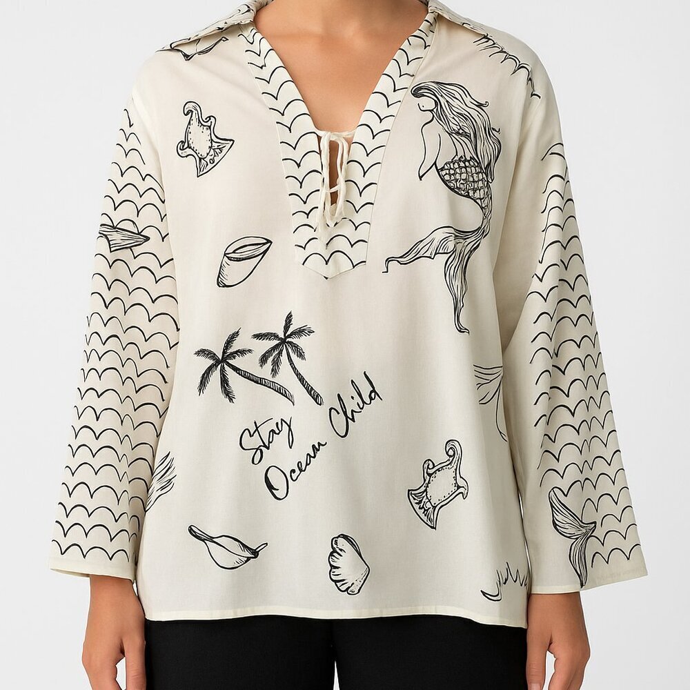 Adyson Parker Beach Print Tunic Top Medium White Black Sample Sale - Picture 1 of 5